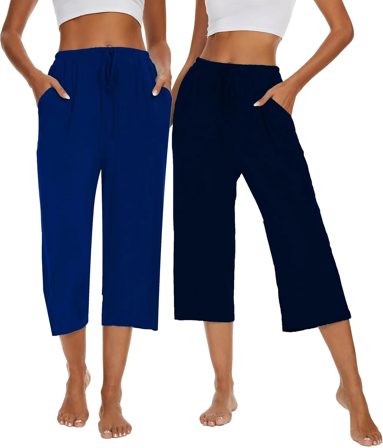 2 Pack Womens Pajama Pants Capri Sleep Lounge Pants Drawstring Pj Bottoms with Pockets