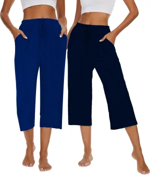 2 Pack Womens Pajama Pants Capri Sleep Lounge Pants Drawstring Pj Bottoms with Pockets