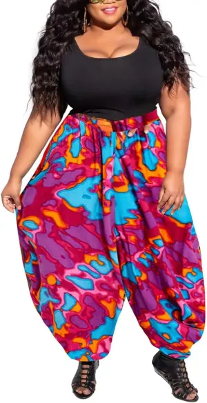 Acatmew Plus Size Harem Pants for Women African Print Casual Bohemian Loose Long Pants with Pocket
