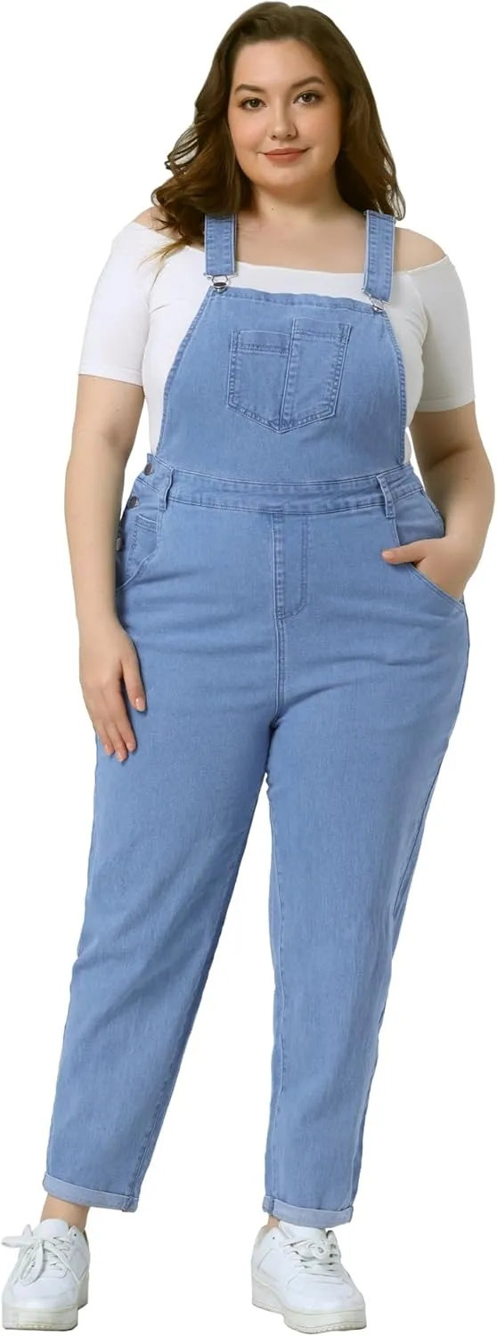 Agnes Orinda Women's Plus Size Casual Stretch Adjustable Denim Bib Overalls Jeans Pants Jumpsuits