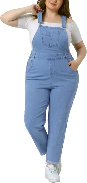 Agnes Orinda Women's Plus Size Casual Stretch Adjustable Denim Bib Overalls Jeans Pants Jumpsuits