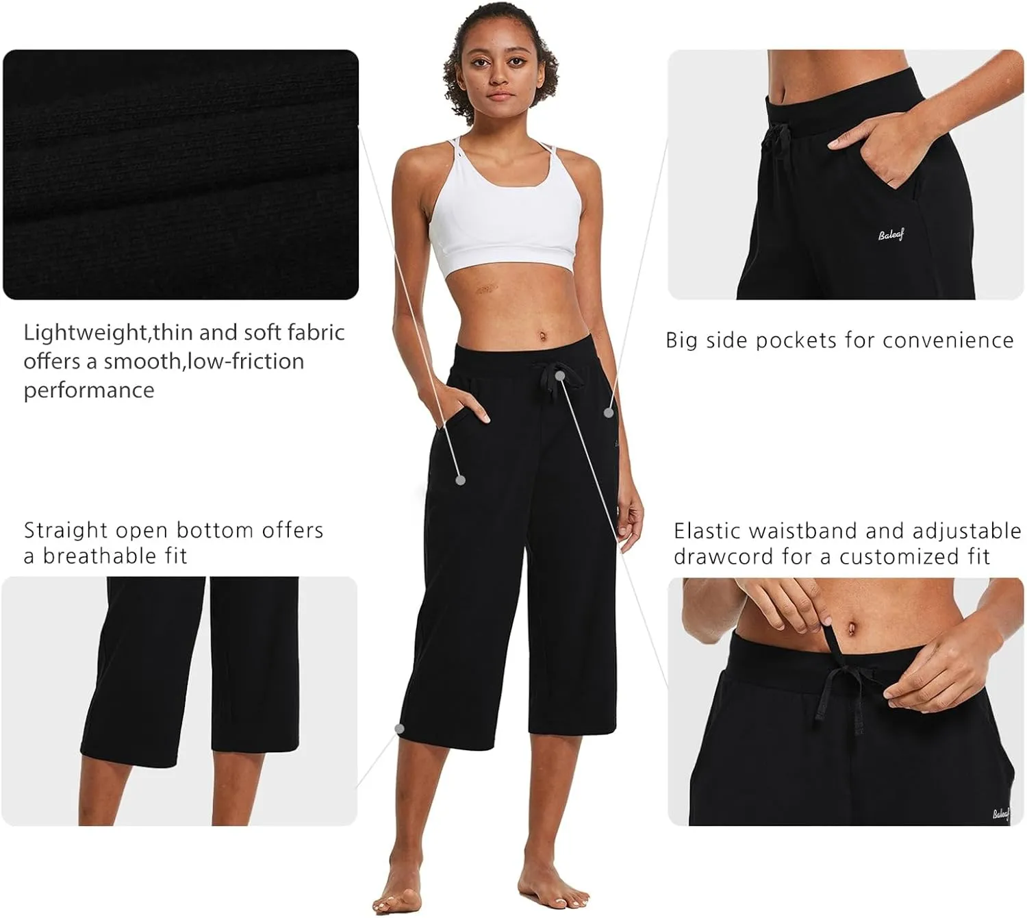 baleaf Women's Capris Yoga Cotton Wide Leg Casual Summer Capri Sweatpants Loose Lounge Workout Crop Pants Pockets