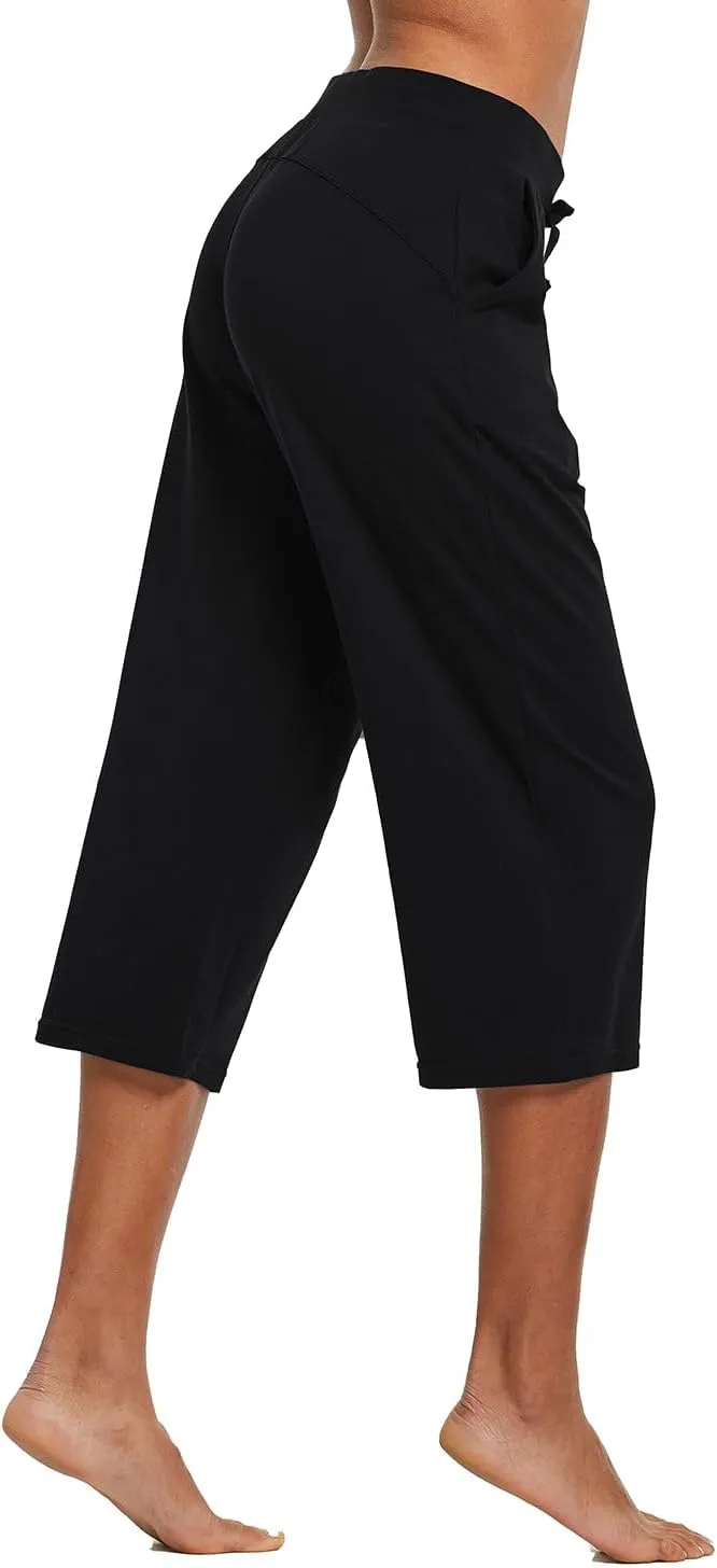 baleaf Women's Capris Yoga Cotton Wide Leg Casual Summer Capri Sweatpants Loose Lounge Workout Crop Pants Pockets