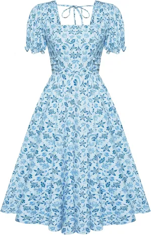 Belle Poque Vintage Dress for Women 1950s Cottagecore Cocktail Dresses Square Neck Puff Sleeve Dress with Pockets