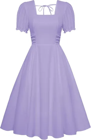Belle Poque Vintage Dress for Women 1950s Cottagecore Cocktail Dresses Square Neck Puff Sleeve Dress with Pockets