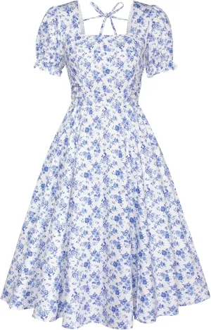 Belle Poque Vintage Dress for Women 1950s Cottagecore Cocktail Dresses Square Neck Puff Sleeve Dress with Pockets