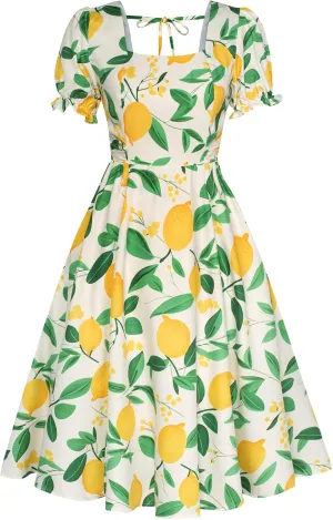 Belle Poque Vintage Dress for Women 1950s Cottagecore Cocktail Dresses Square Neck Puff Sleeve Dress with Pockets