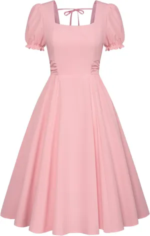 Belle Poque Vintage Dress for Women 1950s Cottagecore Cocktail Dresses Square Neck Puff Sleeve Dress with Pockets