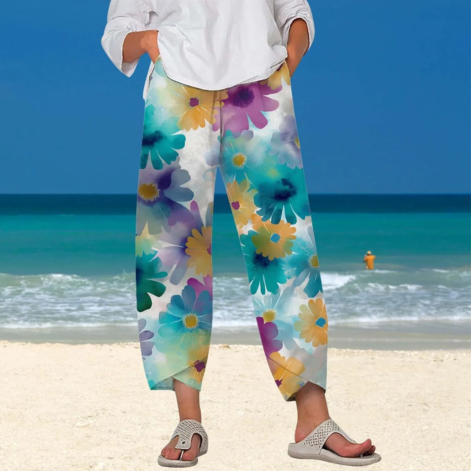 Boho Cotton Linen Pants for Womens Summer Floral Capri Pants Wide Leg Comfy Baggy Palazzo Trousers