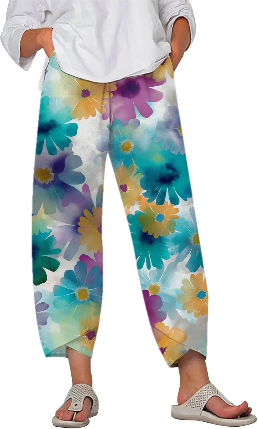 Boho Cotton Linen Pants for Womens Summer Floral Capri Pants Wide Leg Comfy Baggy Palazzo Trousers