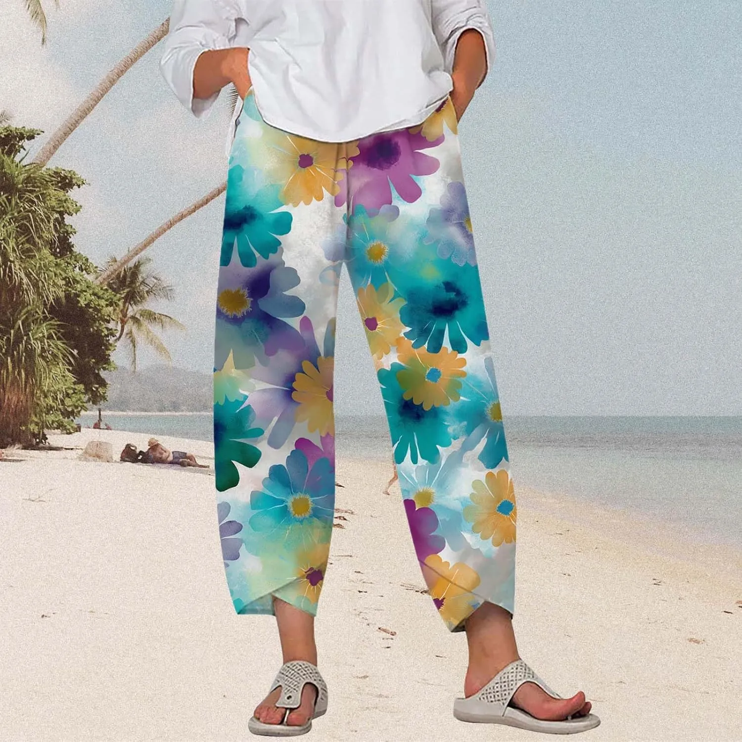 Boho Cotton Linen Pants for Womens Summer Floral Capri Pants Wide Leg Comfy Baggy Palazzo Trousers
