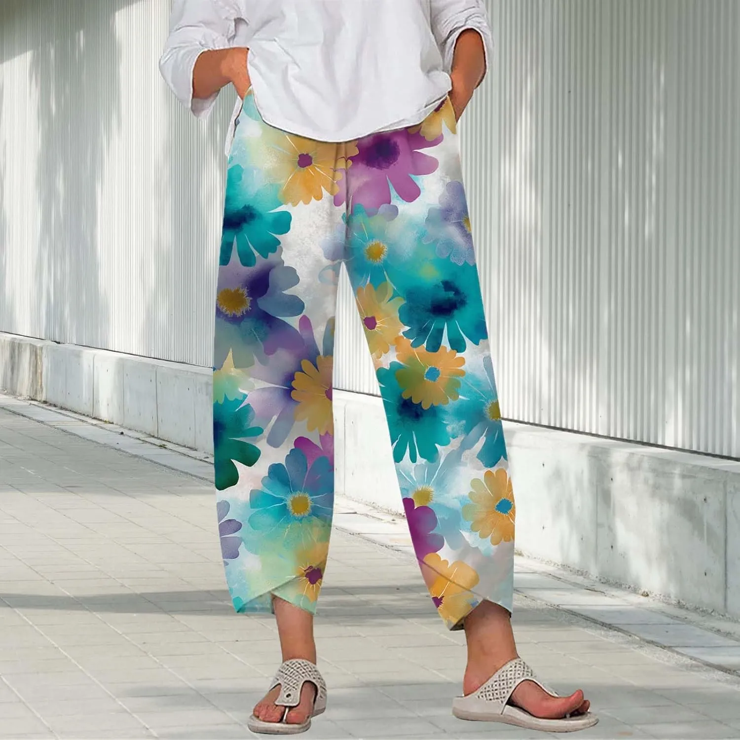 Boho Cotton Linen Pants for Womens Summer Floral Capri Pants Wide Leg Comfy Baggy Palazzo Trousers
