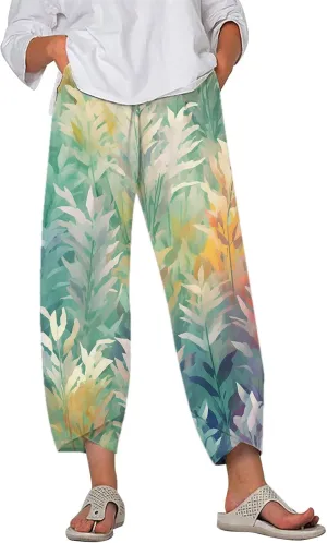 Boho Cotton Linen Pants for Womens Summer Floral Capri Pants Wide Leg Comfy Baggy Palazzo Trousers
