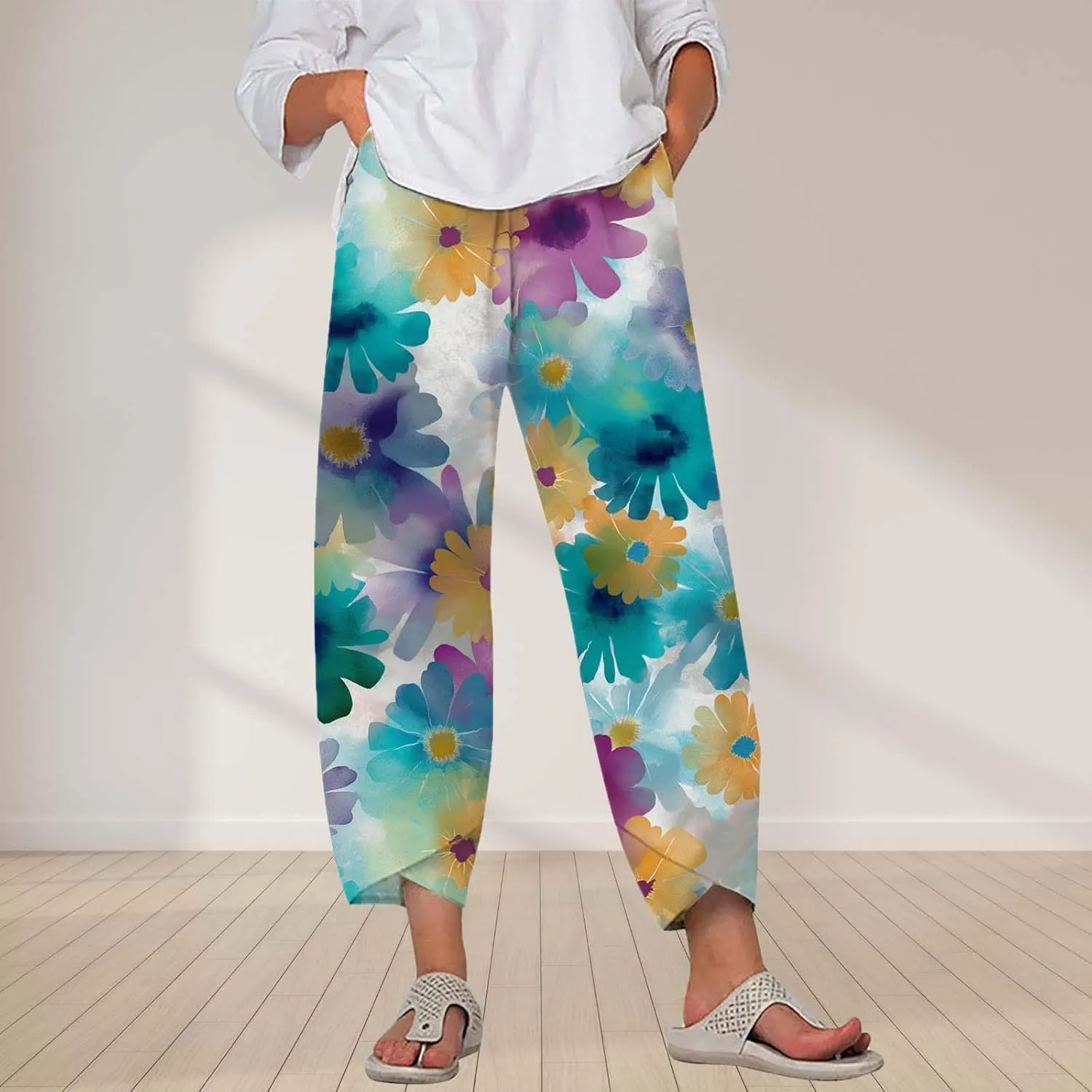 Boho Cotton Linen Pants for Womens Summer Floral Capri Pants Wide Leg Comfy Baggy Palazzo Trousers