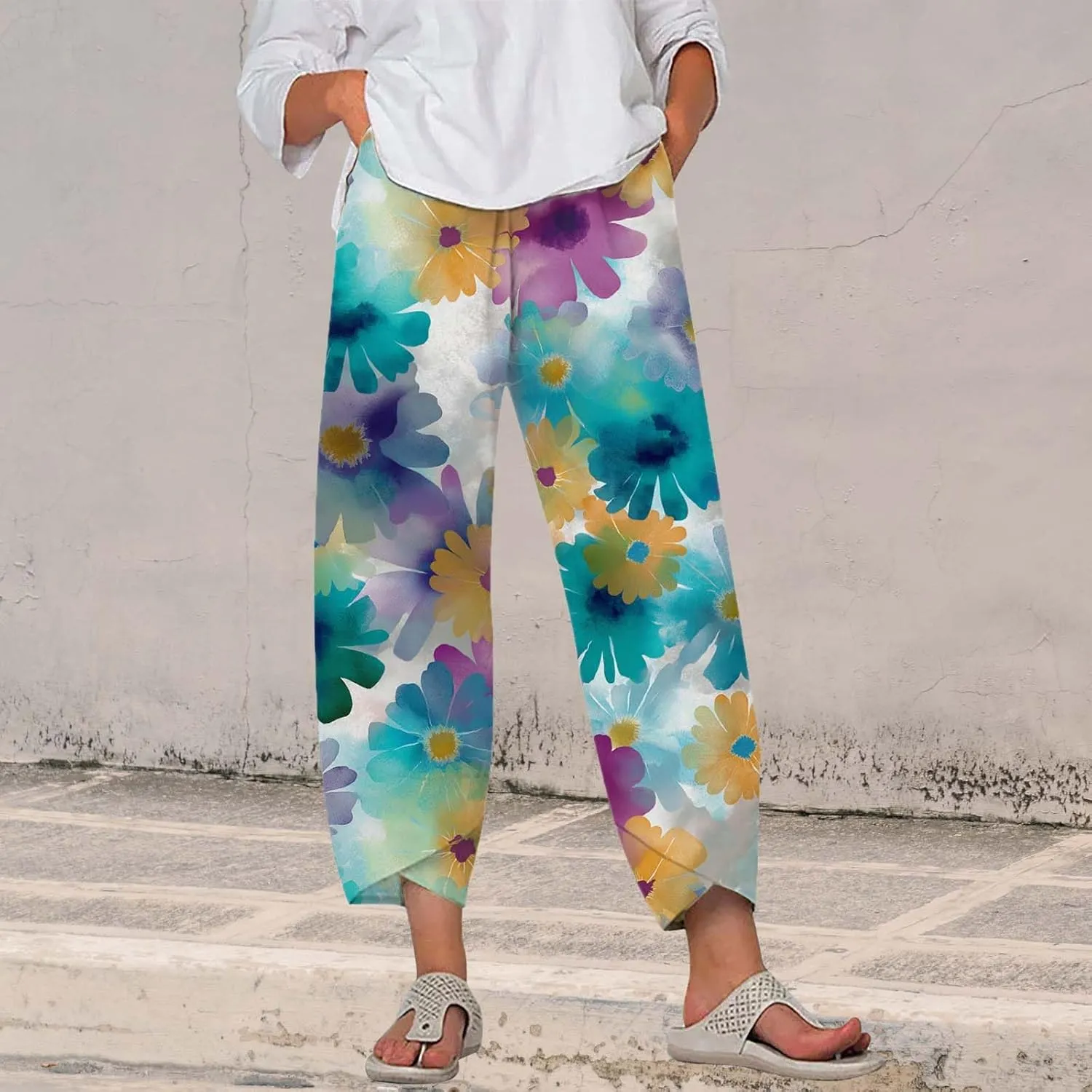 Boho Cotton Linen Pants for Womens Summer Floral Capri Pants Wide Leg Comfy Baggy Palazzo Trousers
