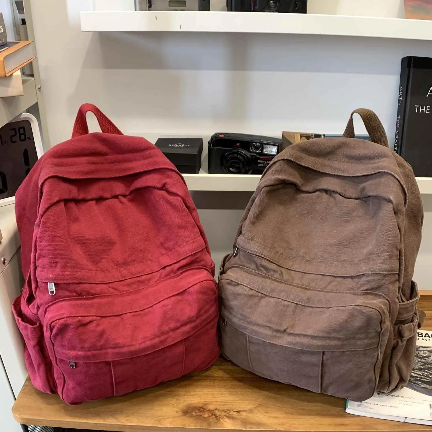 Burgundy Red Canvas Backpack for Women Retro Aesthetic Rucksack Basic Backpack for High School/College Students Travel Laptop Bag