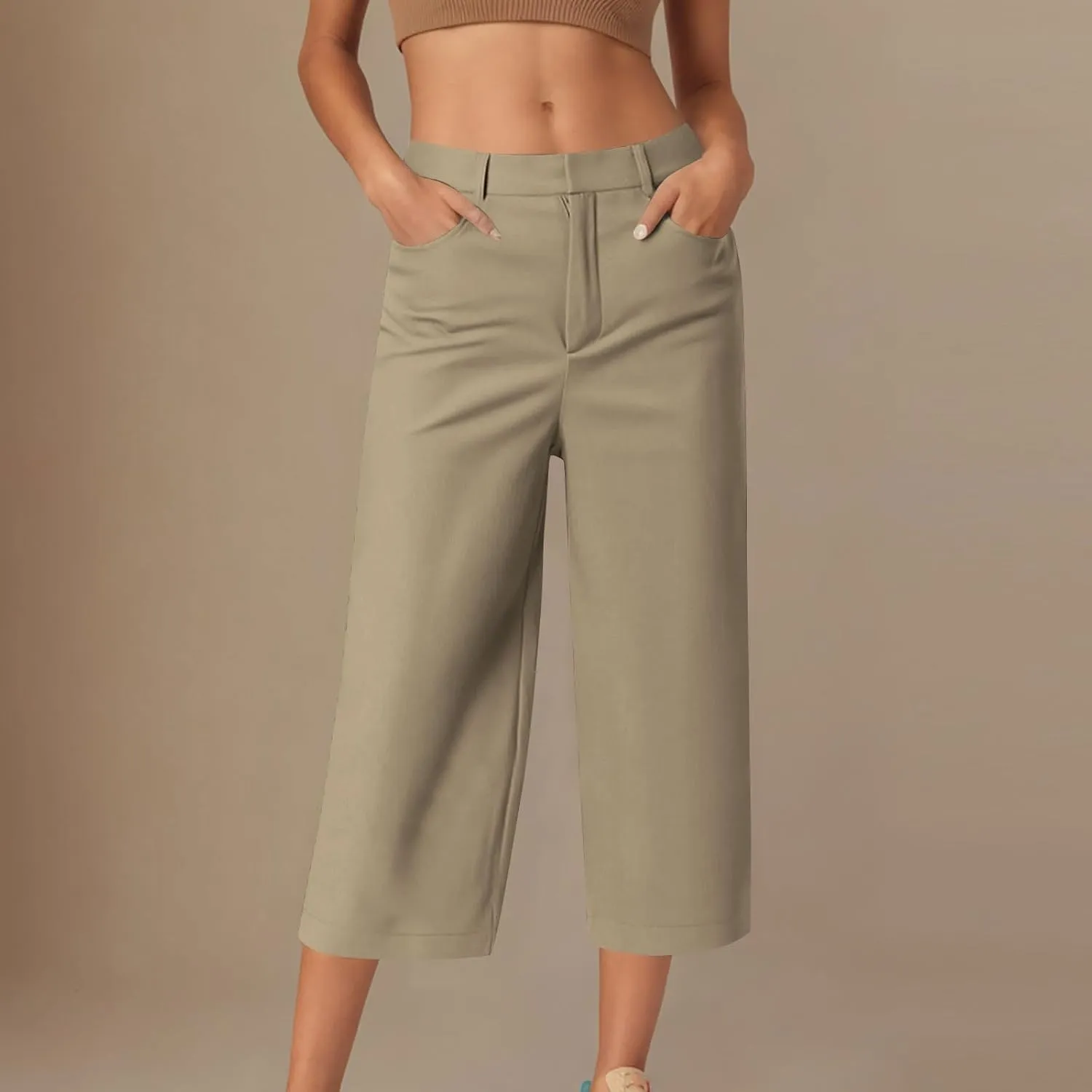 Capri Pants for Women Business Casual Loose Fit Work Cropped Trousers High Waisted Stretchy Capris with Pocket