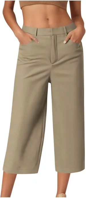 Capri Pants for Women Business Casual Loose Fit Work Cropped Trousers High Waisted Stretchy Capris with Pocket