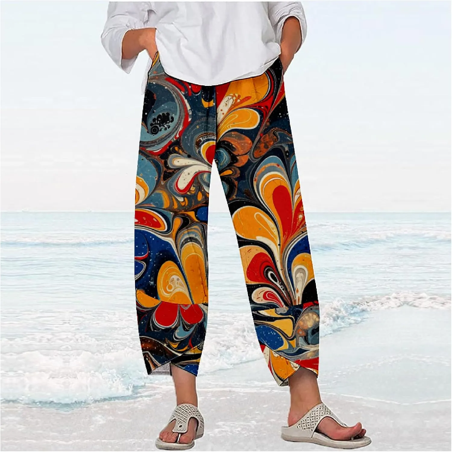 Capri Pants for Women Casual Summer Printed Cropped Linen Blend Dressy Baggy Trousers with Pockets Lounge Pants