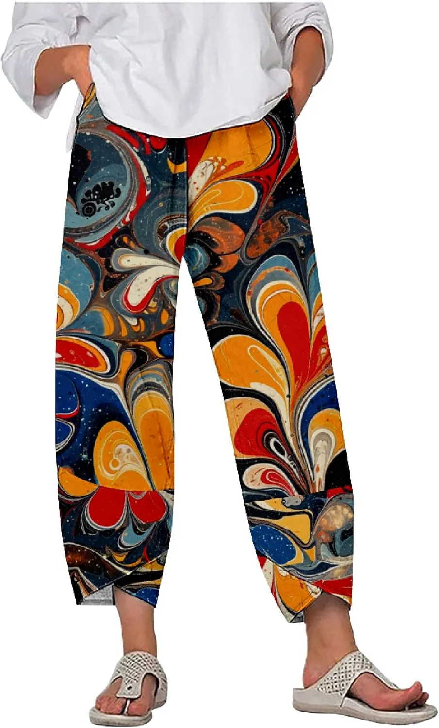 Capri Pants for Women Casual Summer Printed Cropped Linen Blend Dressy Baggy Trousers with Pockets Lounge Pants