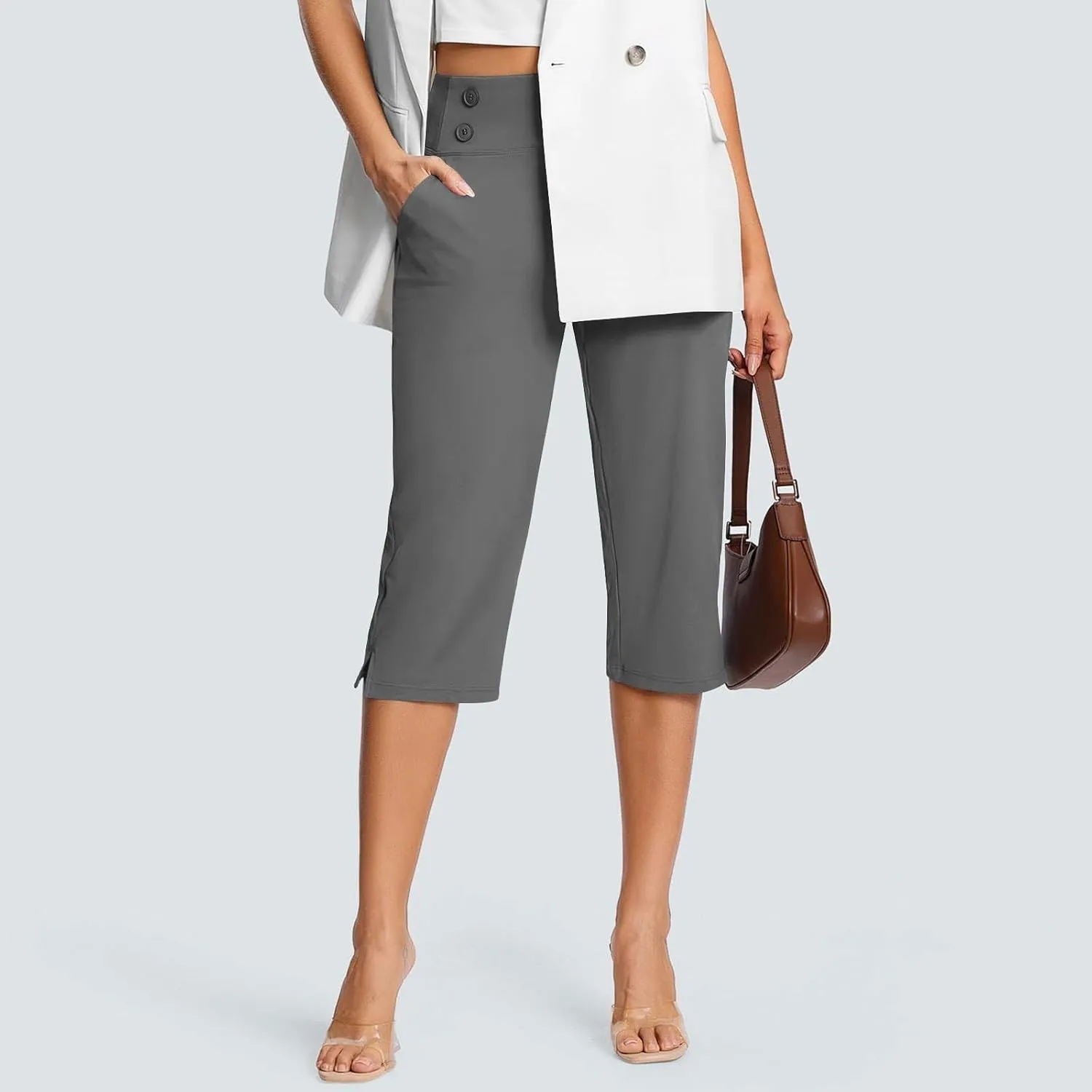 Capri Pants for Women Summer Trendy Straight Leg High Waisted Capris 2025 Elastic Business Casual Bottoms with Pocket