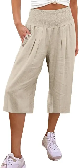Capri Pants for Women, Wide Leg High Waist with Pockets Tummy Control