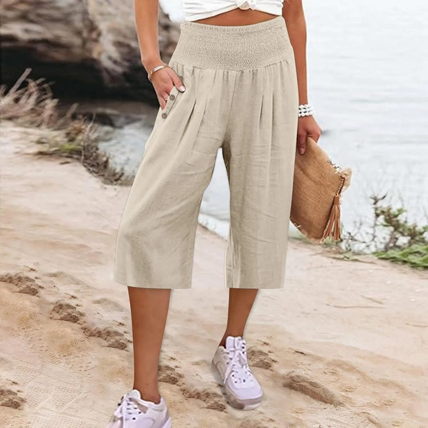Capri Pants for Women, Wide Leg High Waist with Pockets Tummy Control