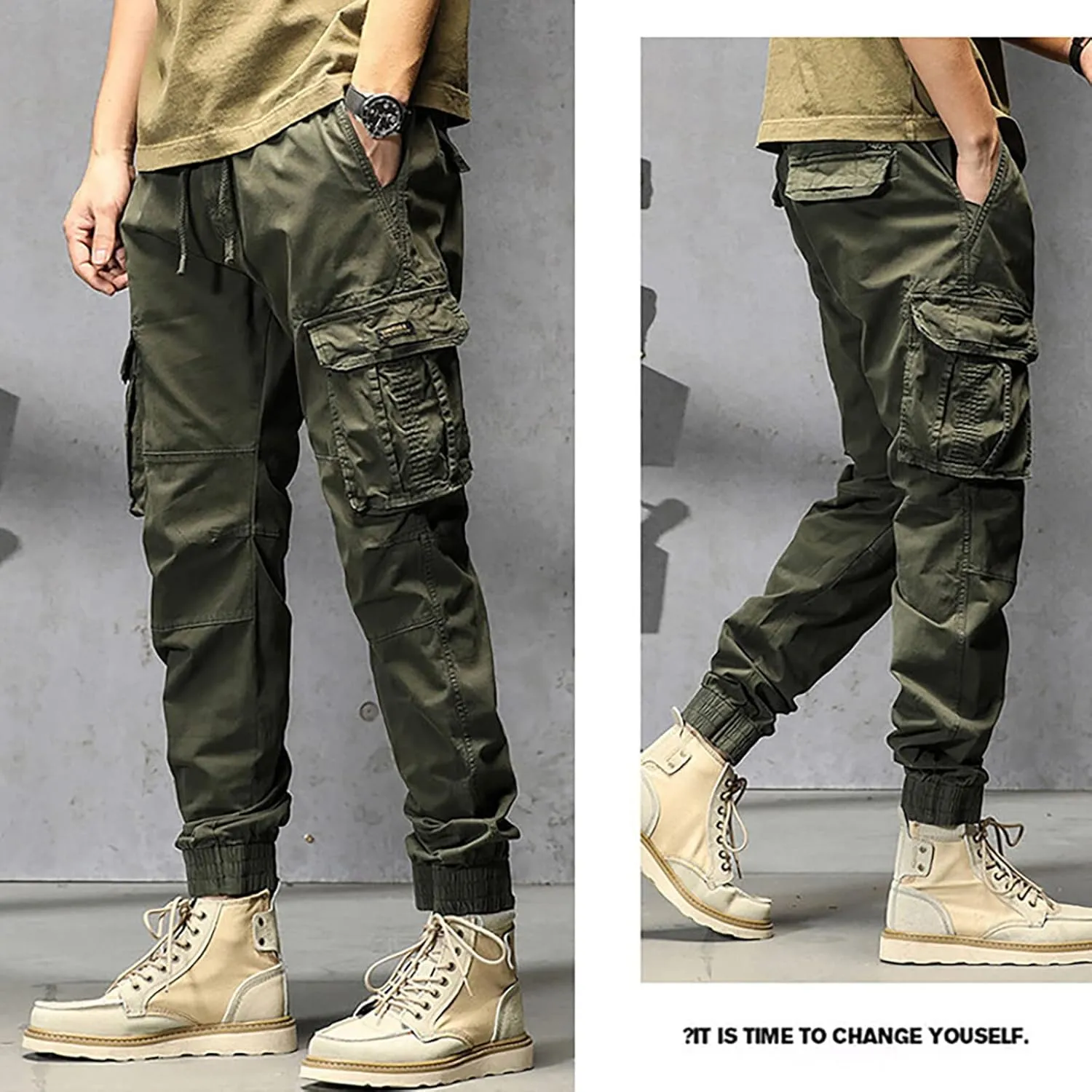 Cargo Pants for Men Big and Tall, Men's Elastic Waist Drawstring Long Pants Solid Color Pockets Casual Loose Trousers