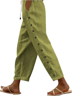 Casual Pants for Women Elastic Waist Summer Trendy Linen Capri Pants Straight Leg Baggy Beach Cotton Cropped Trousers