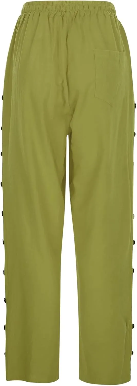 Casual Pants for Women Elastic Waist Summer Trendy Linen Capri Pants Straight Leg Baggy Beach Cotton Cropped Trousers
