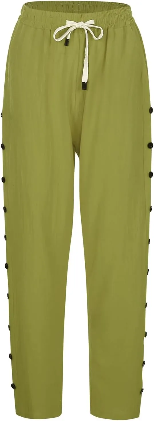 Casual Pants for Women Elastic Waist Summer Trendy Linen Capri Pants Straight Leg Baggy Beach Cotton Cropped Trousers