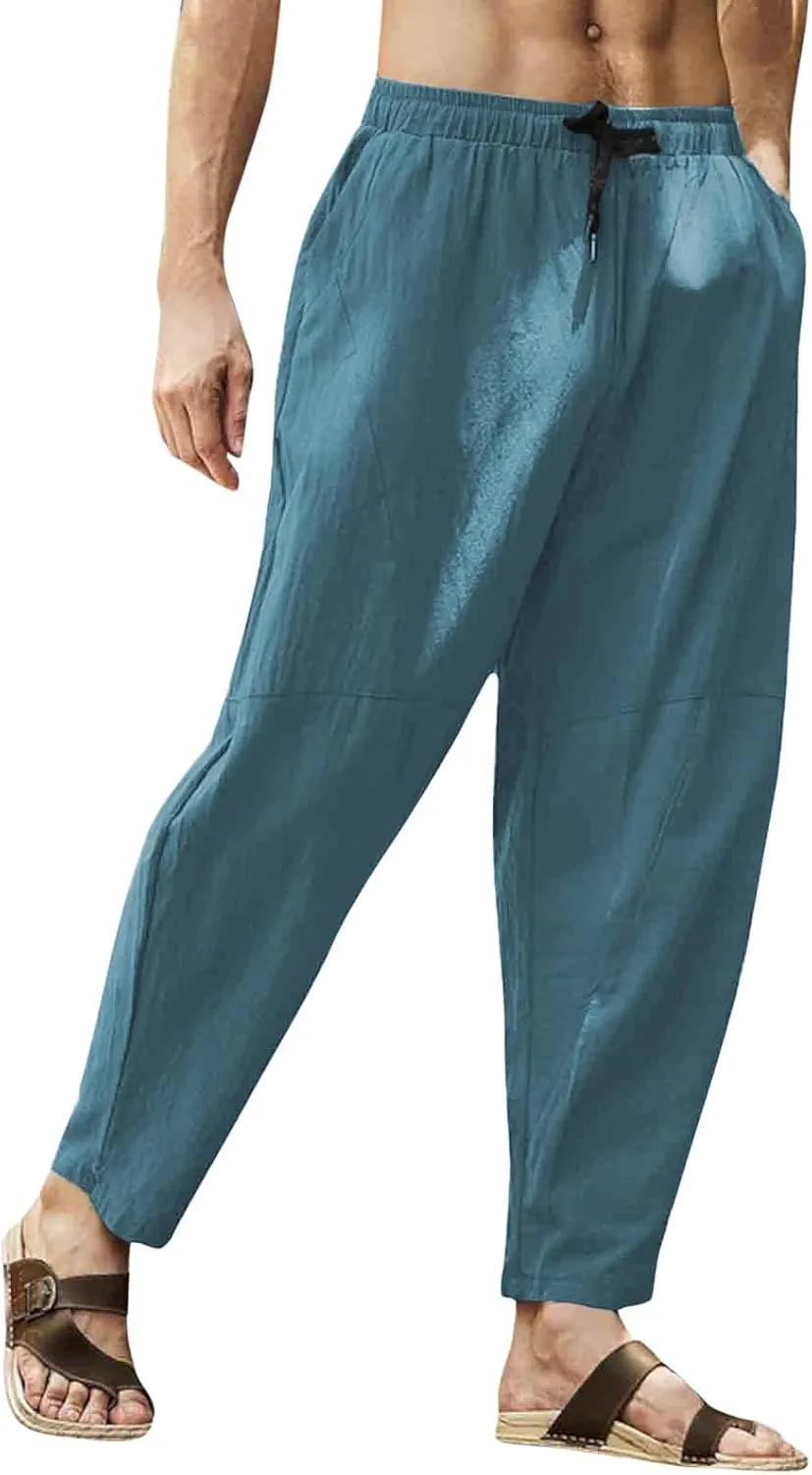 Casual Summer Pants for Men Linen Solid Color Pant Drawstring Joggers Loose Fit Pants Long Trousers with Pockets