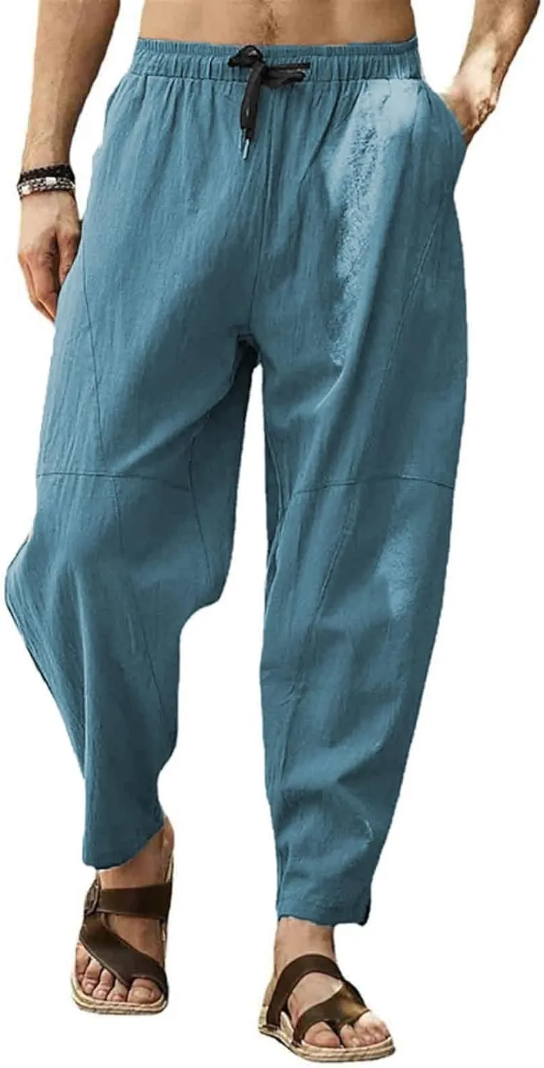 Casual Summer Pants for Men Linen Solid Color Pant Drawstring Joggers Loose Fit Pants Long Trousers with Pockets