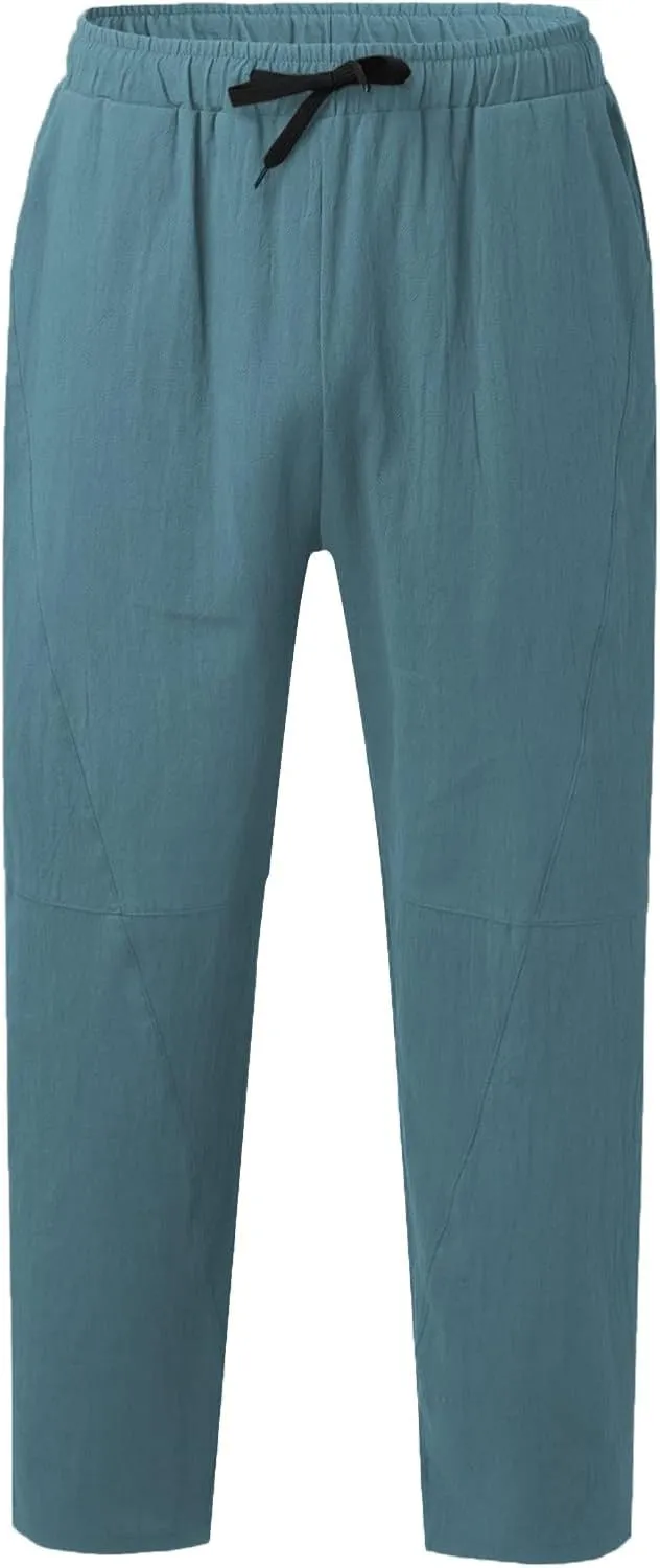 Casual Summer Pants for Men Linen Solid Color Pant Drawstring Joggers Loose Fit Pants Long Trousers with Pockets