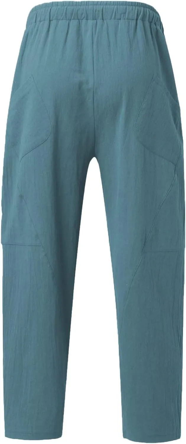 Casual Summer Pants for Men Linen Solid Color Pant Drawstring Joggers Loose Fit Pants Long Trousers with Pockets