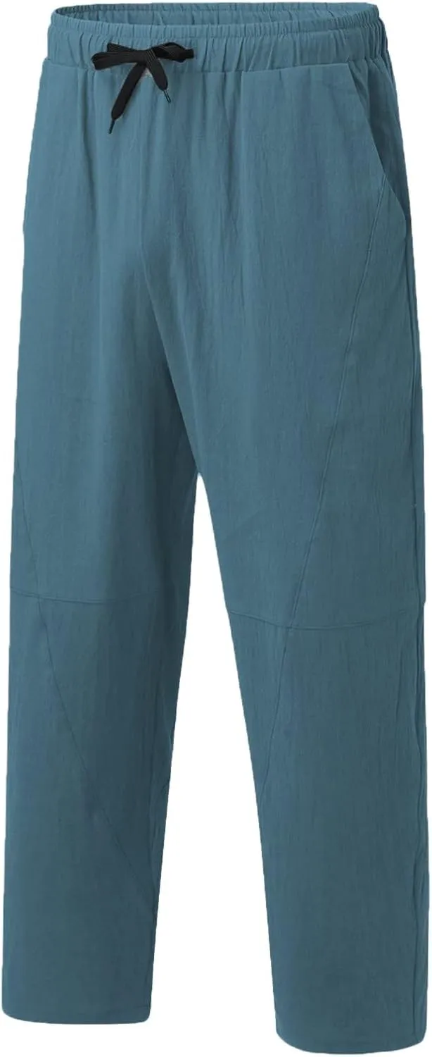 Casual Summer Pants for Men Linen Solid Color Pant Drawstring Joggers Loose Fit Pants Long Trousers with Pockets