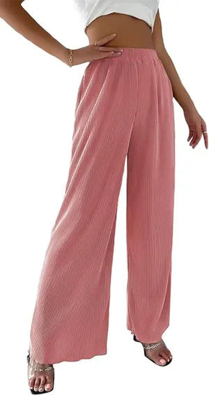 CHARTOU Women's Comfy High Waist Wide-Leg Ruched Plisse Pants Long Lounge Trousers
