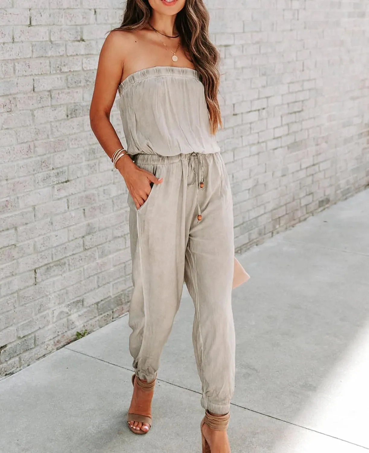 CHARTOU Women's Sexy Bandeau Jumpsuit Sleeveless Tapered Leg Pants Jumpsuit Backless Drawstring Romper