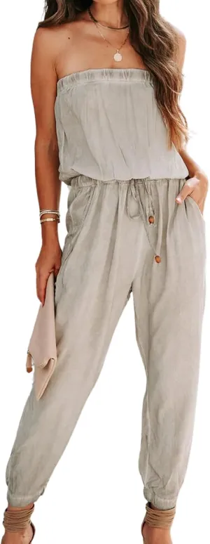CHARTOU Women's Sexy Bandeau Jumpsuit Sleeveless Tapered Leg Pants Jumpsuit Backless Drawstring Romper