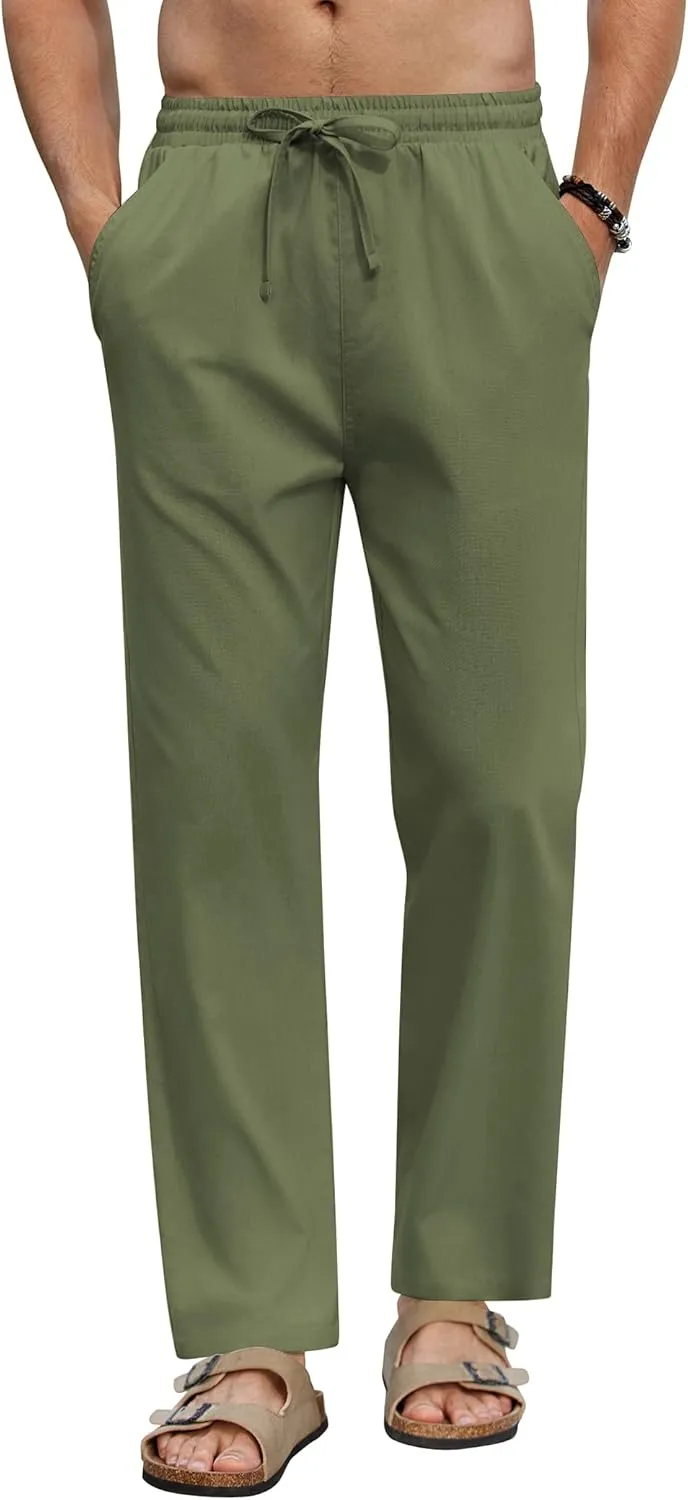 COOFANDY Men's Linen Casual Pants Elastic Waist Beach Pants Lightweight Drawstring Summer Yoga Pants