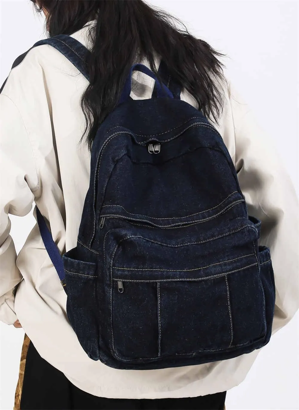 Dark Wash Denim Jean Backpack for Women & Men Retro Aesthetic Rucksack Basic Backpack for High School/College Students Travel Laptop Bag
