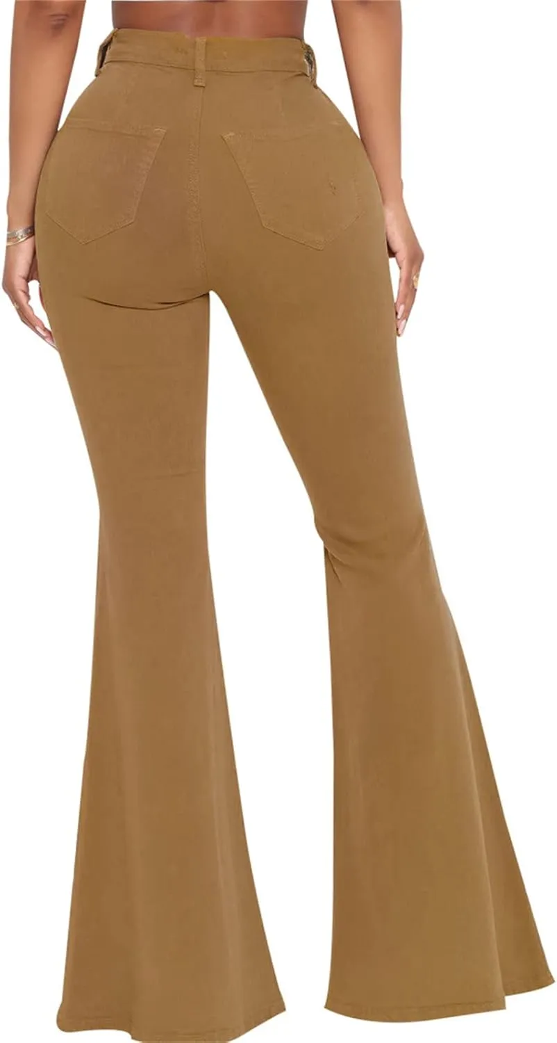 DGHM-JLMY Women's Slim Stretch Denim Flared Pants Fashion Skinny Bell Bottom Jeans High Waisted Straight Slim Fit Denim Pants