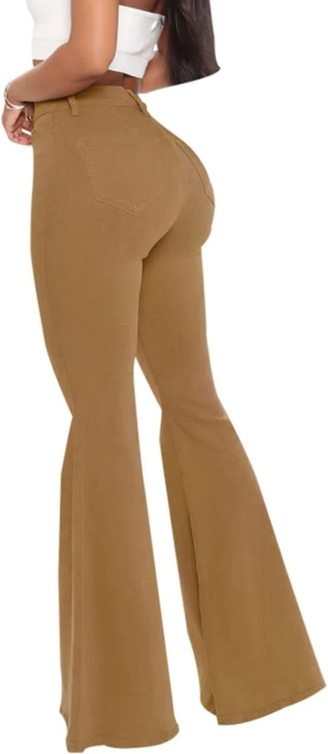 DGHM-JLMY Women's Slim Stretch Denim Flared Pants Fashion Skinny Bell Bottom Jeans High Waisted Straight Slim Fit Denim Pants
