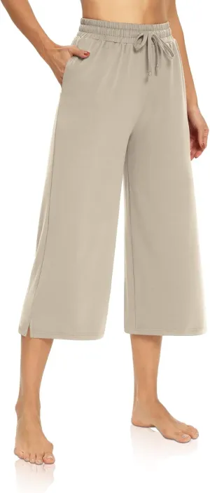 DIBAOLONG Womens Capri Pants Loose Yoga Pants Wide Leg Drawstring Comfy Lounge Pajama Capris Sweatpants with Pockets