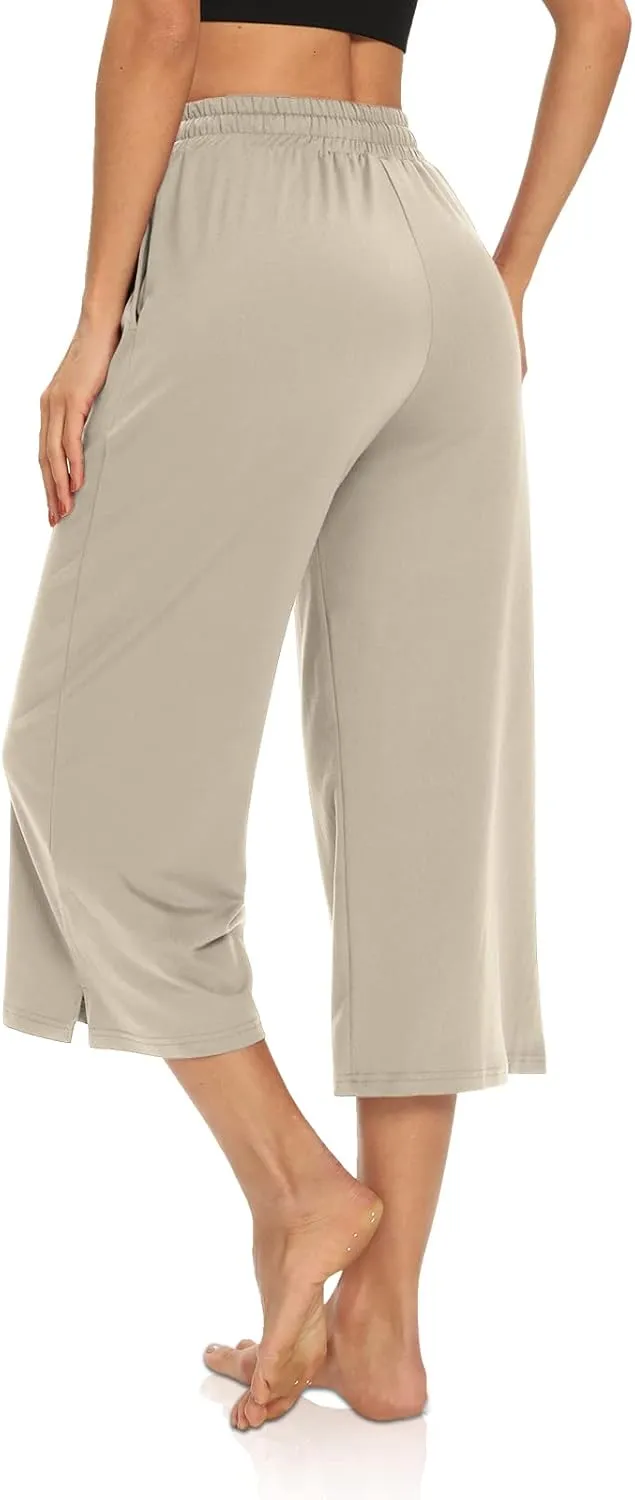 DIBAOLONG Womens Capri Pants Loose Yoga Pants Wide Leg Drawstring Comfy Lounge Pajama Capris Sweatpants with Pockets