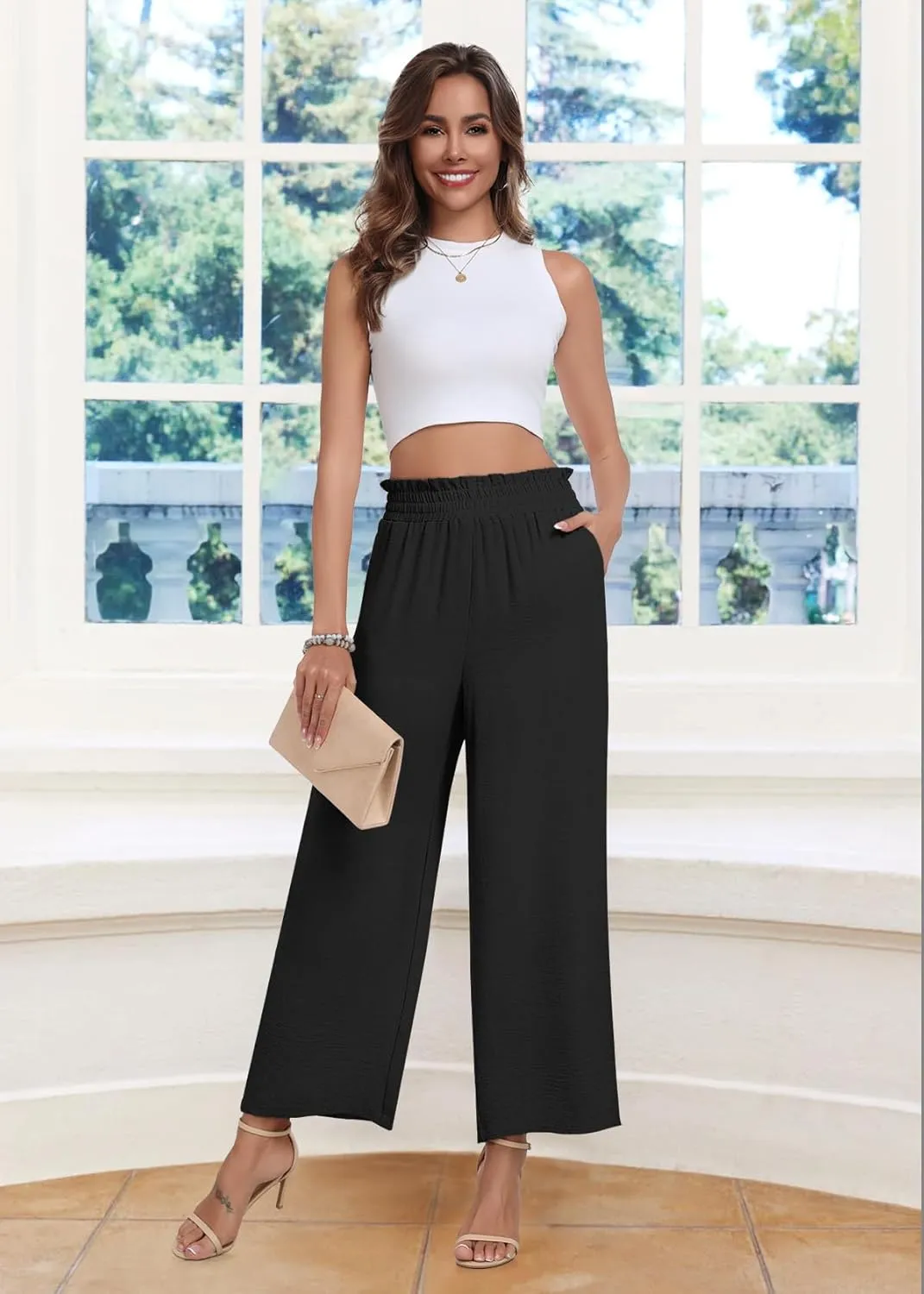 DILIUXING Womens Wide Leg Pants High Waisted Casual Drawstring Trousers Loose Adjustable Pants with Pockets