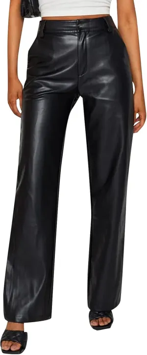 Faux Leather Pants for Women Solid Color High Waist Straight Leg Trousers Vintage 90s Streetwear Pant with Pockets