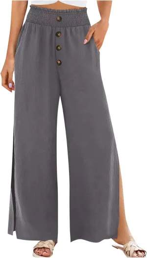 Firzero Wide Leg Pants for Women Casual Summer Elastic High Waist Palazzo Pants Flowy Botton Side Slit Trousers