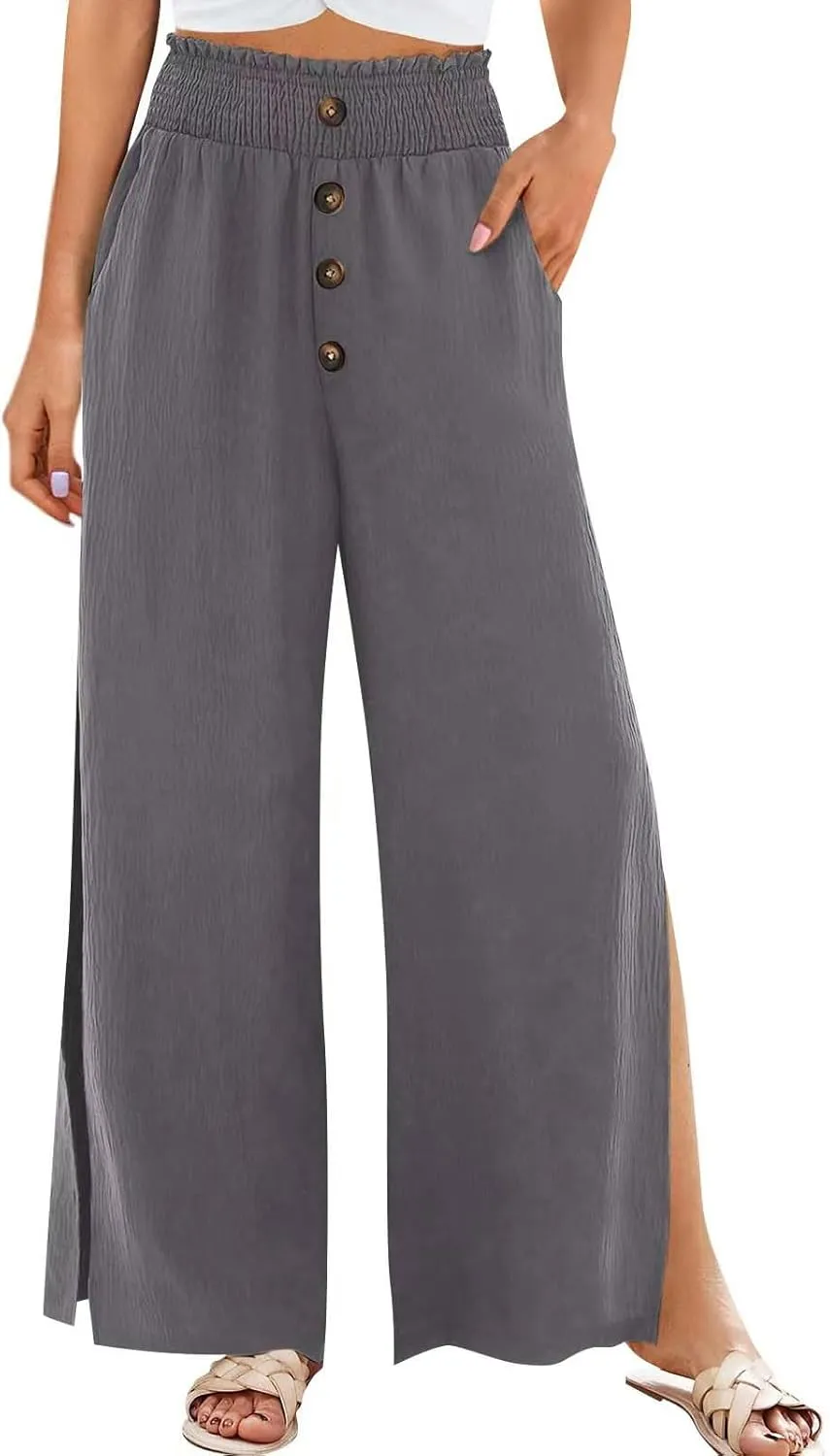Firzero Wide Leg Pants for Women Casual Summer Elastic High Waist Palazzo Pants Flowy Botton Side Slit Trousers