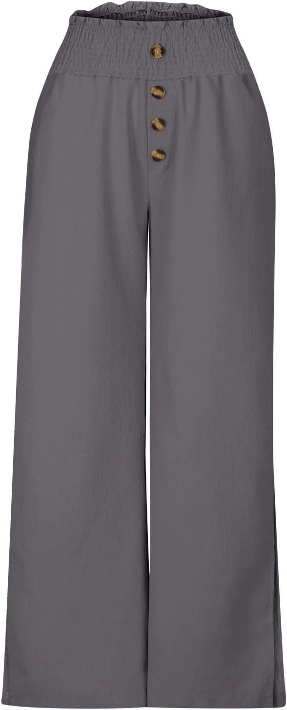 Firzero Wide Leg Pants for Women Casual Summer Elastic High Waist Palazzo Pants Flowy Botton Side Slit Trousers